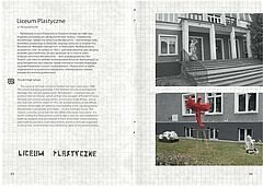 Strona z "Niecodziennika Olsztyńskiego" przedstawiająca Liceum Plastyczne. Z lewej strony opis instytucji, z prawej dwie fotografie budynku szkoły